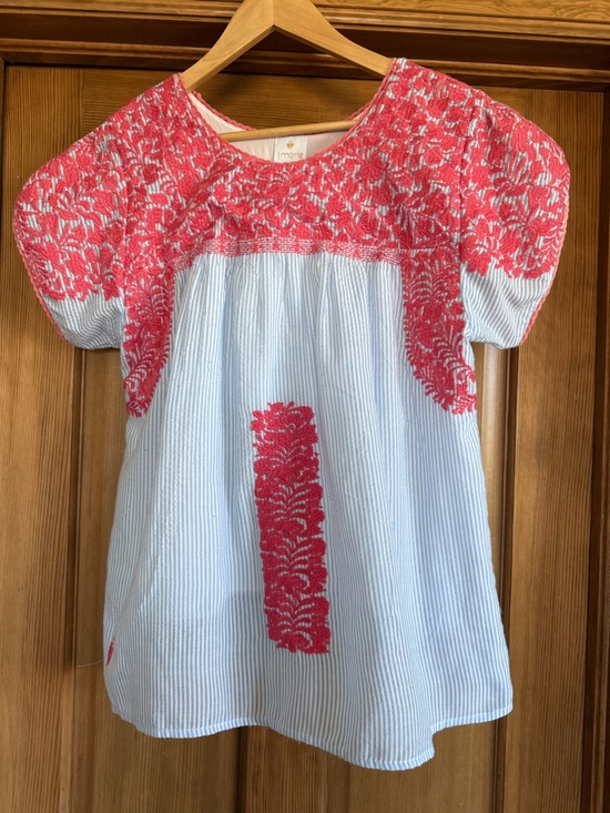 J.Marie Tops - Embroidered Peasant Blouse in Light Blue and Coral by Mignonne